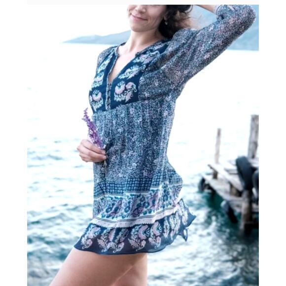 Joie Dress Womens Extra‎ Small XS Blue Purple Emlen Floral Silk Boho Peasant - Picture 5 of 10